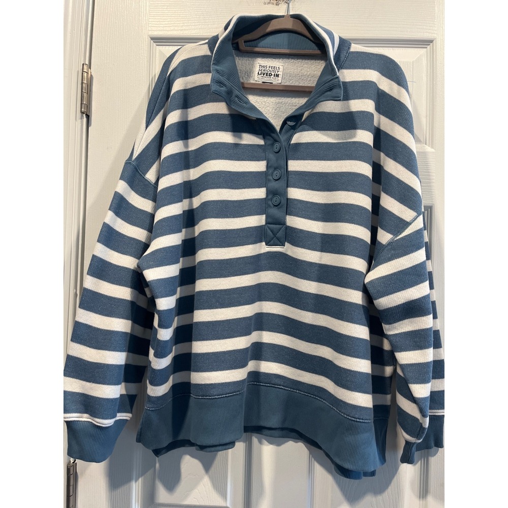 American Eagle Seriously Lived-In Henley Sweatshirt Blue White Striped Large
